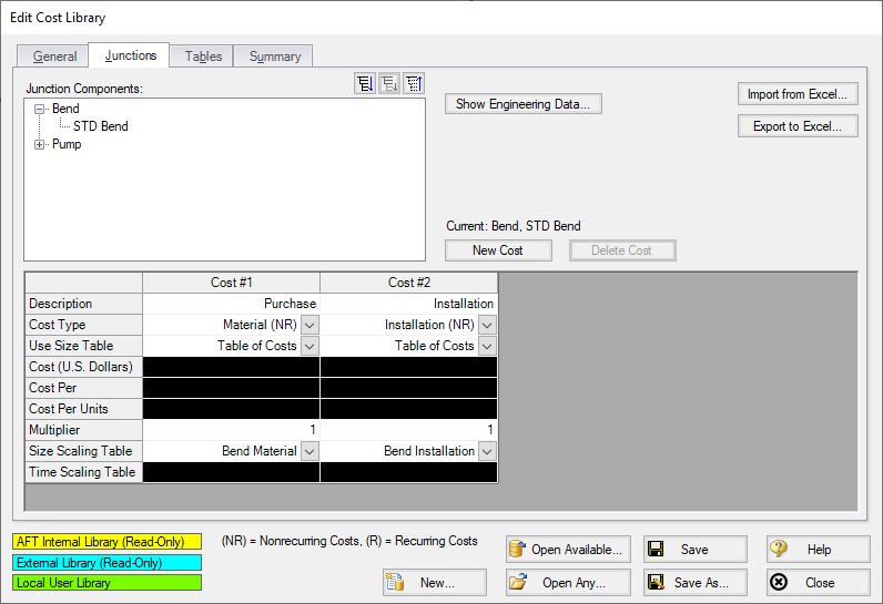 The Junctions tab of the Cost Library window with bend material and installation costs defined.